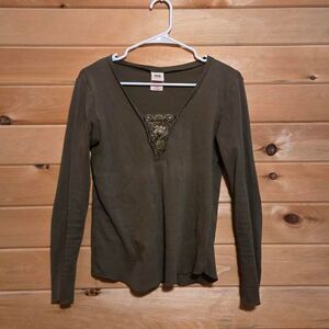 Women's Vintage Faded Glory Lace V Neck Everyday Relax Tee Long Sleeve Top Small